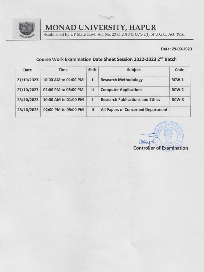 Course Work Exam Date Sheet Ph.d 2022-23 2nd Batch